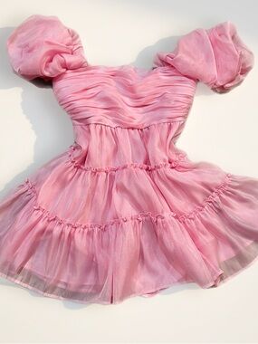 Main Strip Bubblegum Pink Puff-Sleeve Tiered Mini Babydoll Dress Size Medium